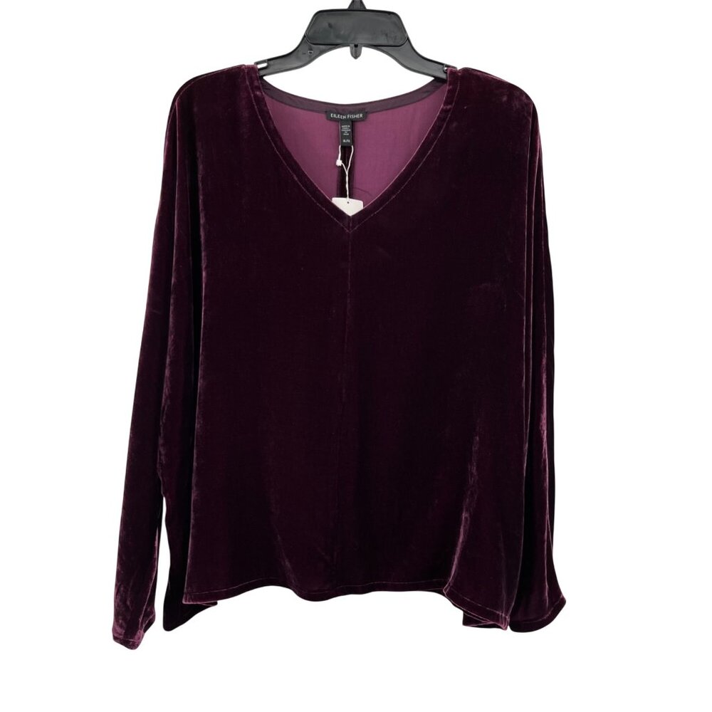 Eileen Fisher Plum Velvet Blouse Womens XL New V Neck Long Sleeve Silk Blend